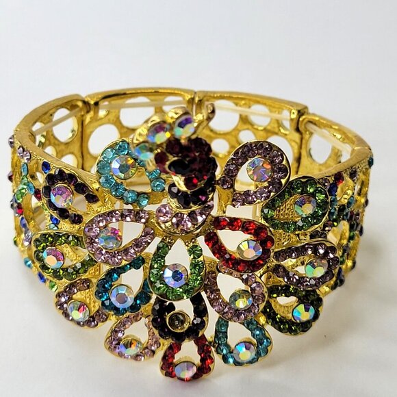 Multicolored Crystal Peacock Bracelet Stretchable Peacock Cuff Bracelet - Picture 2 of 11